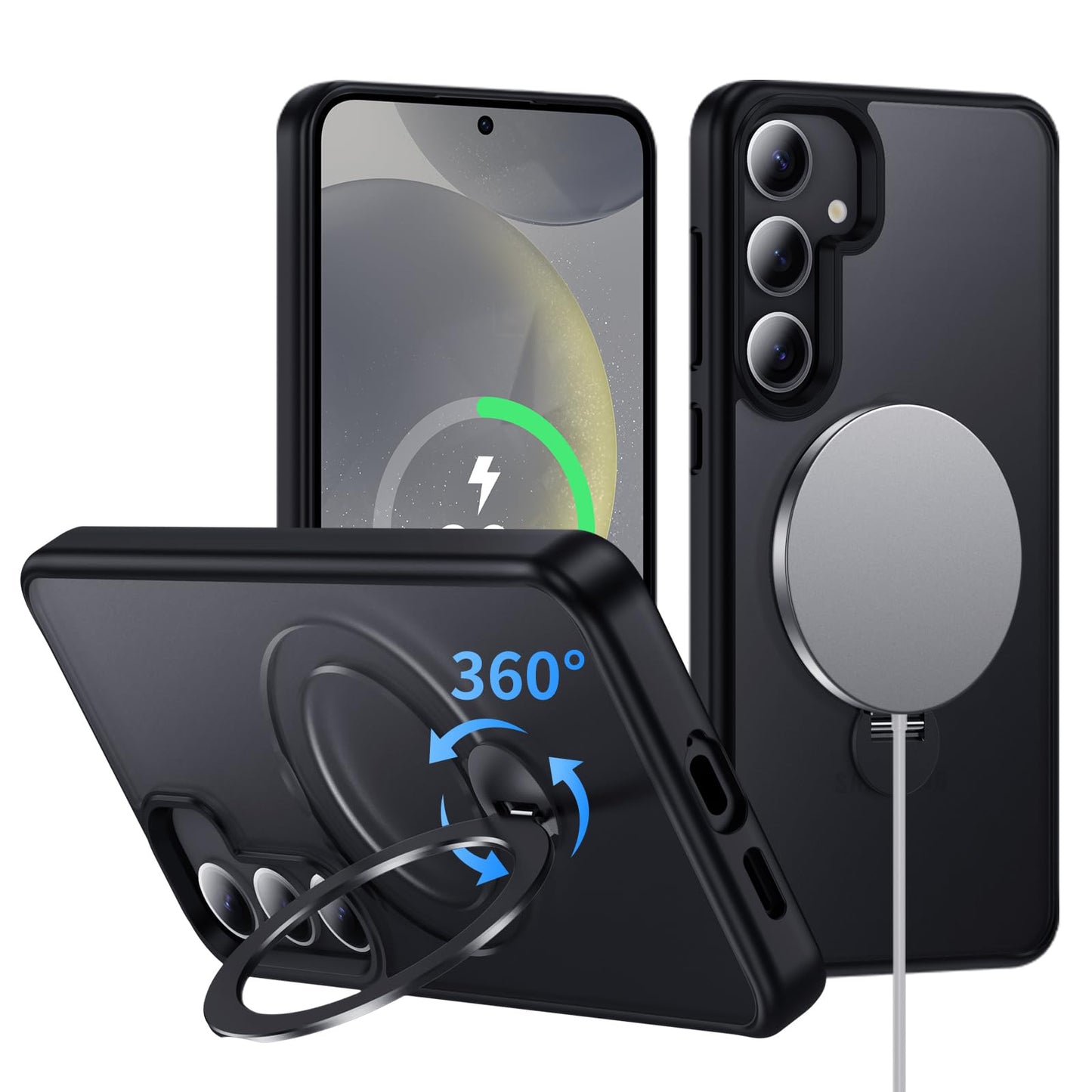 for Samsung Galaxy S24 Case,Compatible with Magsafe [Wireless Charging],with 360°Rotatable Magnetic Ring Stand Matte Translucent Slim Soft Edge Phone Kickstand,Black