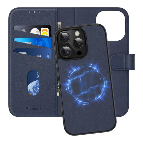 Rumwot Compatible with iPhone 16 Pro Max Genuine Leather Wallet CaseDetachable 2 in 1 Wallet-RFID Blocking Magnetic with Card Holder Kickstand Compatible with MagSafe and Wireless Charging (Blue)