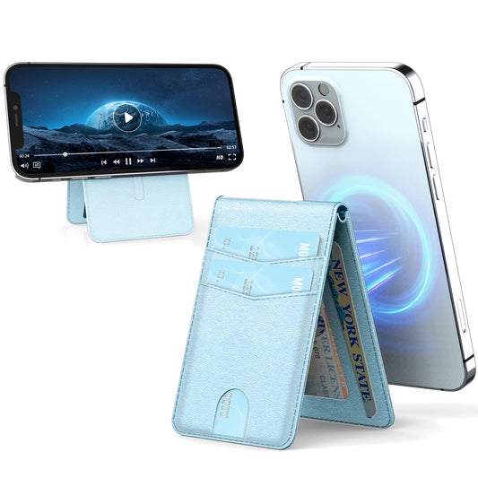 YINHEXI for Magsafe Wallet Stand Magnetic Leather Phone Wallet Card Holder for Phone Case with Adjustable Stand Minimalist Slim Leather Mens Wallet with 4 Cards Slots (Light Blue)