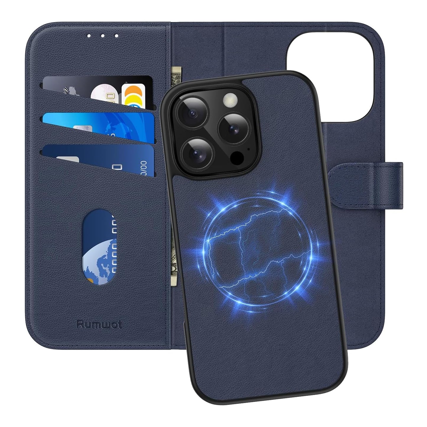 Rumwot Compatible with iPhone 16 Pro Max Genuine Leather Wallet CaseDetachable 2 in 1 Wallet-RFID Blocking Magnetic with Card Holder Kickstand Compatible with MagSafe and Wireless Charging (Blue)