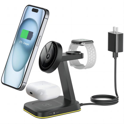 3 in 1 Wireless Charging Station for Apple MagSafe ChargerMagnetic Wireless Charger Stand for iPhone 16 15 14 13 12 SeriesWireless Charging Dock for Apple Multiple Devices iWatchAirPods with Light