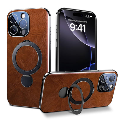 RUIMMU for iPhone 16 Pro Max Genuine Leather CaseTop Grain Leather with Kickstand 360°Rotatable Built-in Magnetic Stand [Compatible with MagSafe] [Wireless Charging] Oil Wax GrainDark Brown