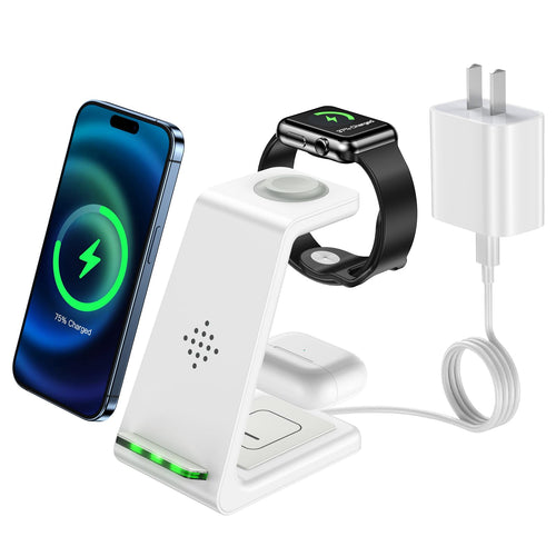 Universal 3-in-1 Wireless Charger | Compatible with iPhone 15 14 13 12 11 X Pro Max and Apple Watch | Includes AirPods 3/2/1/Pro Charging Dock | Fast Charging Station with Adapter - White