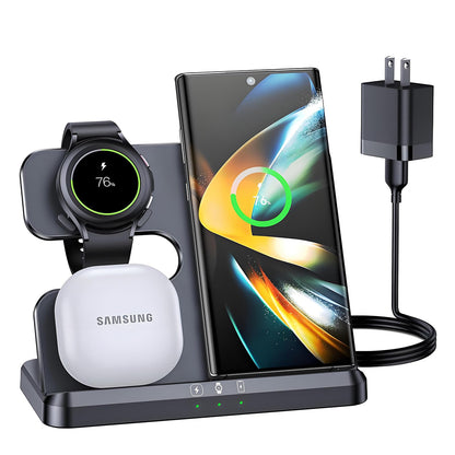 WEKEFON 3 in 1 Wireless Charging Station for SamsungWireless Charger Stand for Samsung Galaxy S24 Ultra Plus S23 S22 S21 S20 Wireless Charger for Samsung Watch 6 5 4 3 Buds 2 Pro/Live (Black)